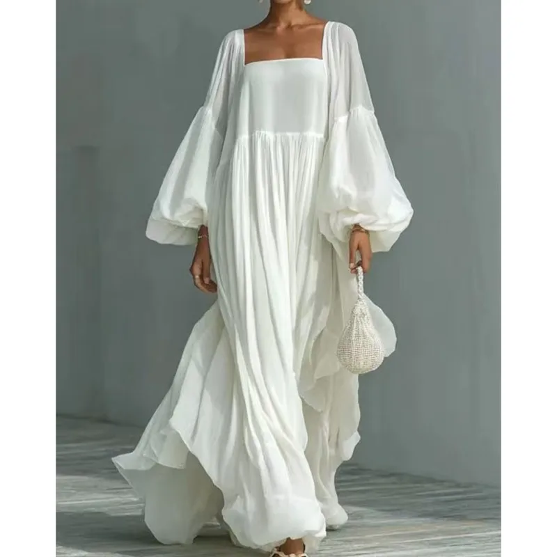 

Elegant Oversize Maxi Dress 2026 Bohemian Woman Square Collar Lantern Sleeve Flowy Long Dresses Loose Party Gowns Vacation