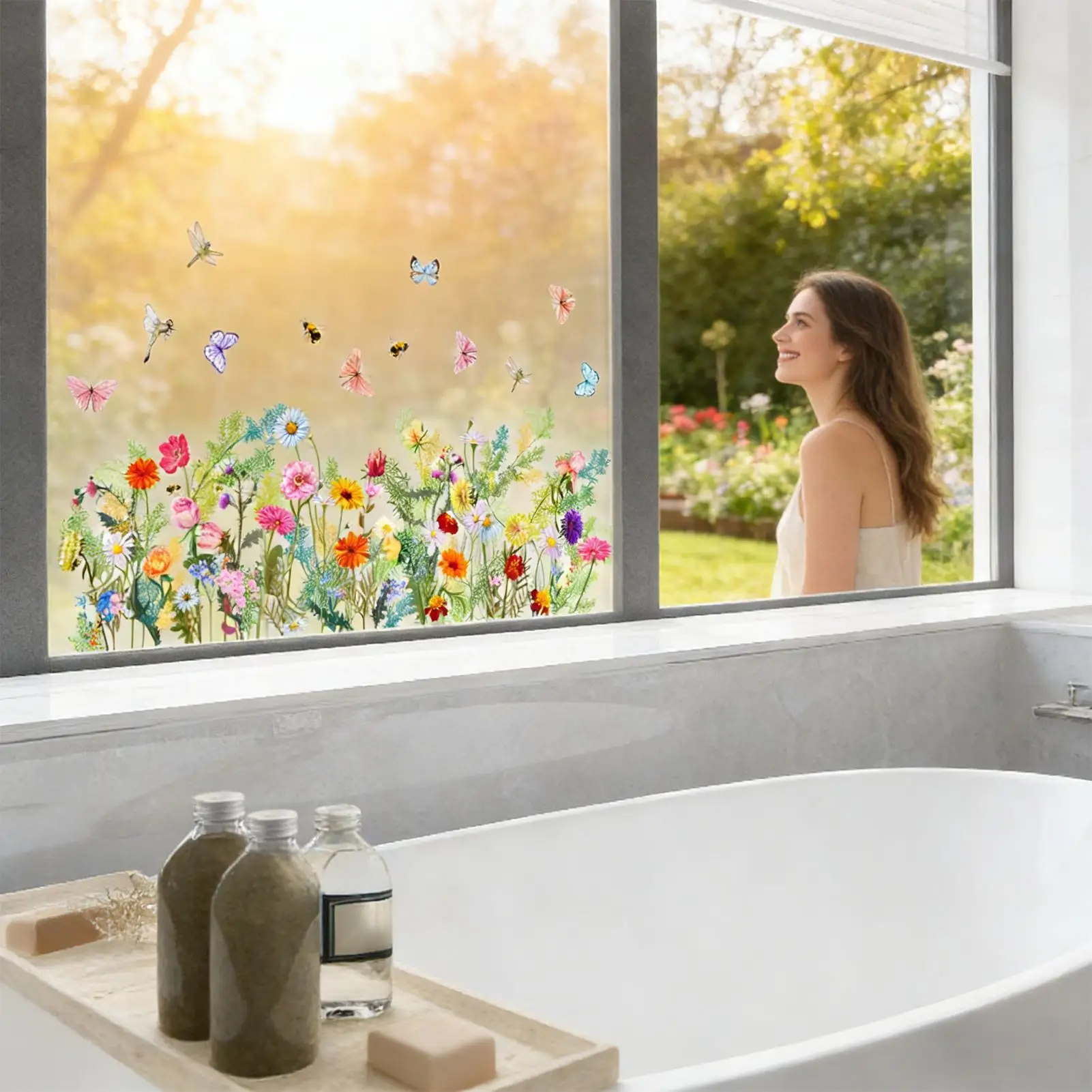 Abnehmbare Fensteraufkleber mit Blumenstrauß, bunte Frühlingsaufkleber für Tür, Spiegel, Wand, Zuhause, Badezimmer, Küche, Restaurant, Dekoration