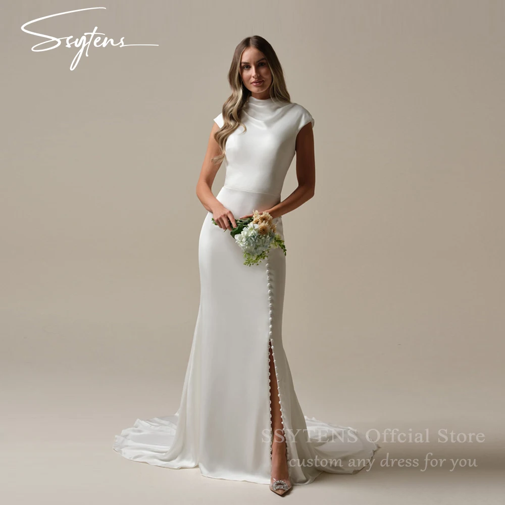 

SSYTENS Simple Wedding Dresses for Women Customized Cap Sleeves High Neck Bridal Gowns Customized Bride Dresses Robe de Mariee
