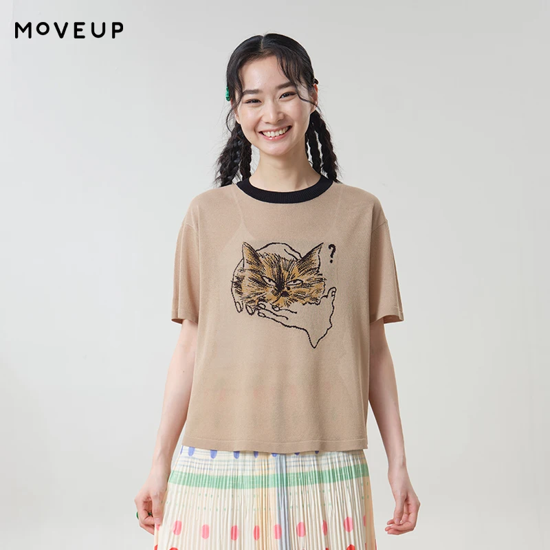 MOVEUP Short Sleeved Round Neck Knitted T-Shirt For Women Colorful Collar Cat Jacquard Lightweight Breathable Top 3ELX31601