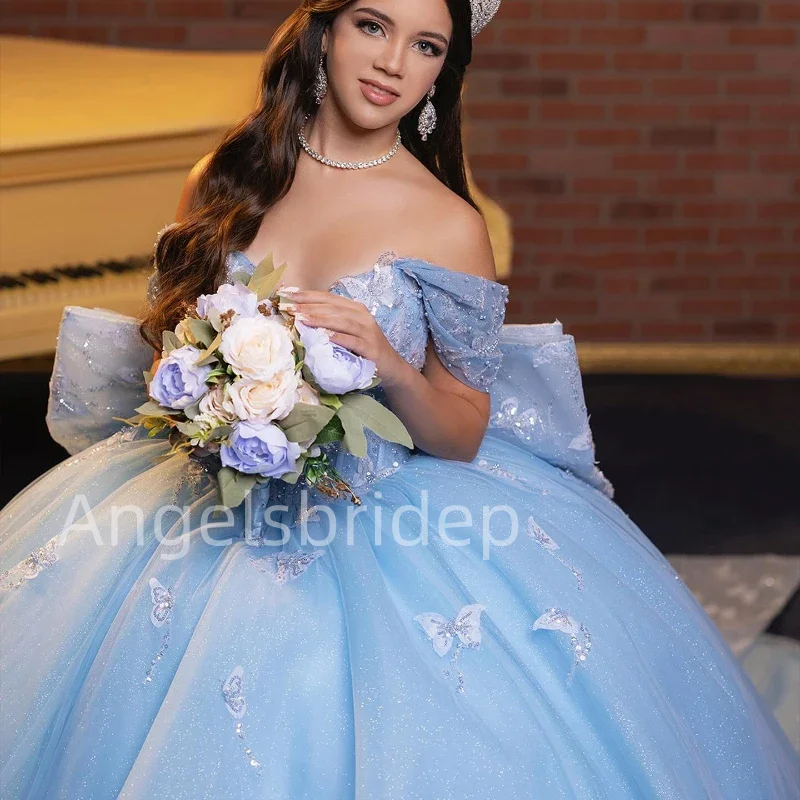 Angelsbridep небесно-голубое блестящее милое платье Quinceanera с открытыми плечами бантом бисером бальное платье милое 16 Vestidos De 15 лет