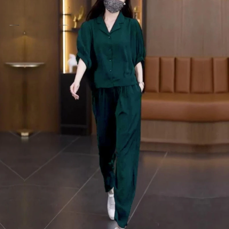 2024 Summer Korean Commuter Leisure Fashion Plus Size Short Sleeve Flip Collar Button Top Solid Color Pocket Harem Women's Suit