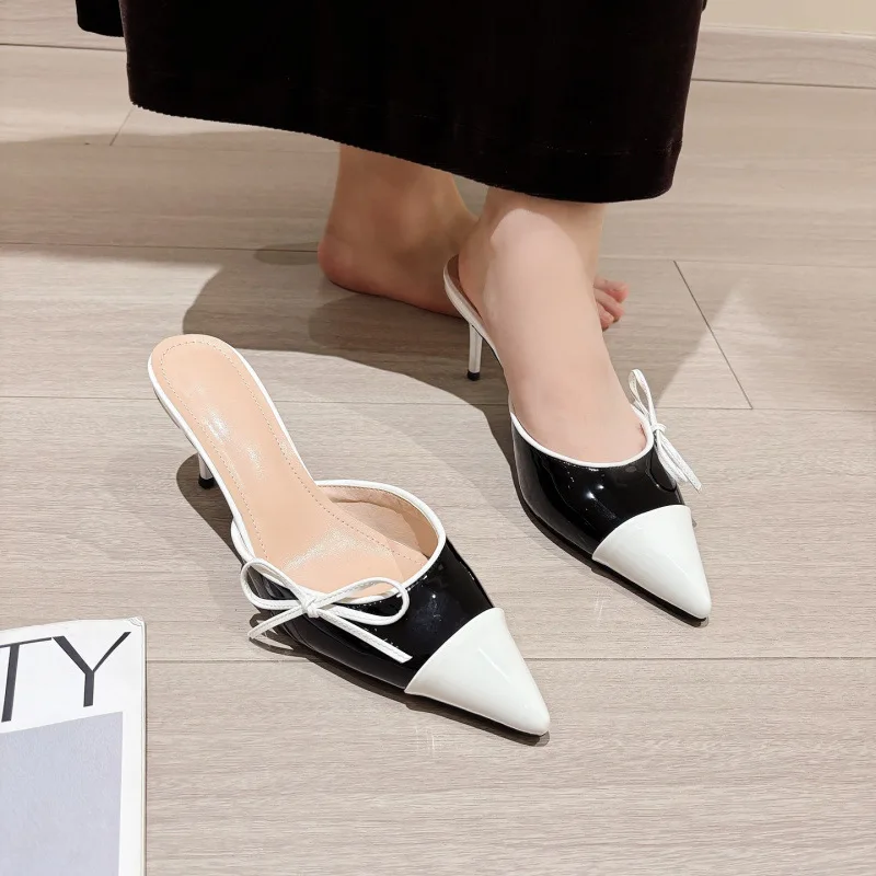 

Xibeilove Summer New Women's Slippers Small Fragrant Style Color Matching Bow Pointed Banquet High Heels