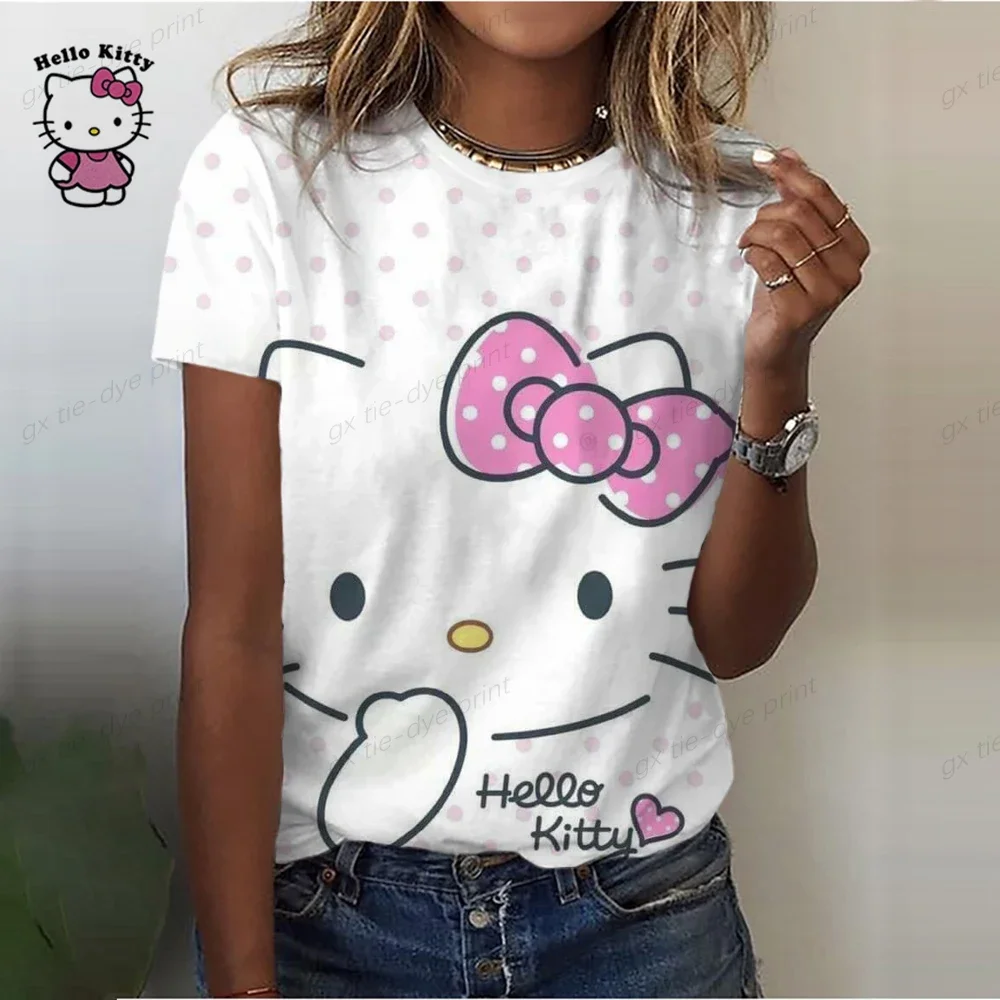 2023 Summer Women's Tee Harajuku Hello Kitty Print T-Shirts Casual Blouses Everyday Pullovers Female T-Shirt Designs Streetwear