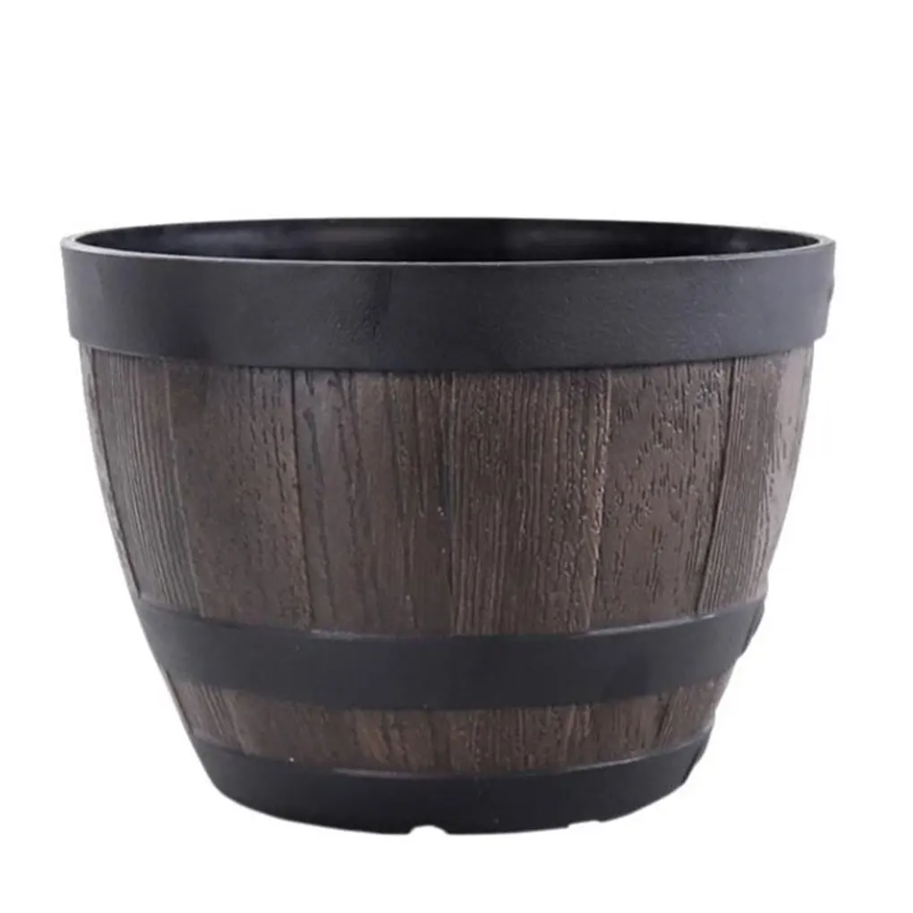 Simulation Wood Barrels 9 Inch Bottom Hole Resin Flower Pot Round Bucket Shape Planter Indoor Garden Patio Farmhouse