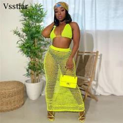 Vsstiar Sexy Crochet Knitted Women Two Piece Set Summer Hollow Out Beachwear Bikinis Cover Ups Holiday Bra And Long Skirts