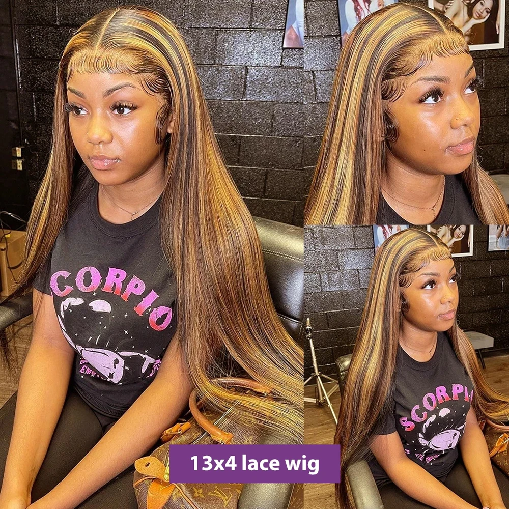 Highlight Brown Straight Lace Front Wig Human Hair Wigs For Women Lace Closure Wig Pre Plucked Honey Blonde Colored Cheap Wigs