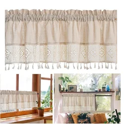 Vintage Linen Window Drapes Tassels Sheer Cream Beige Short Curtains Cafe Kitchen Net Short Curtains Panels Rod Pocket Valance