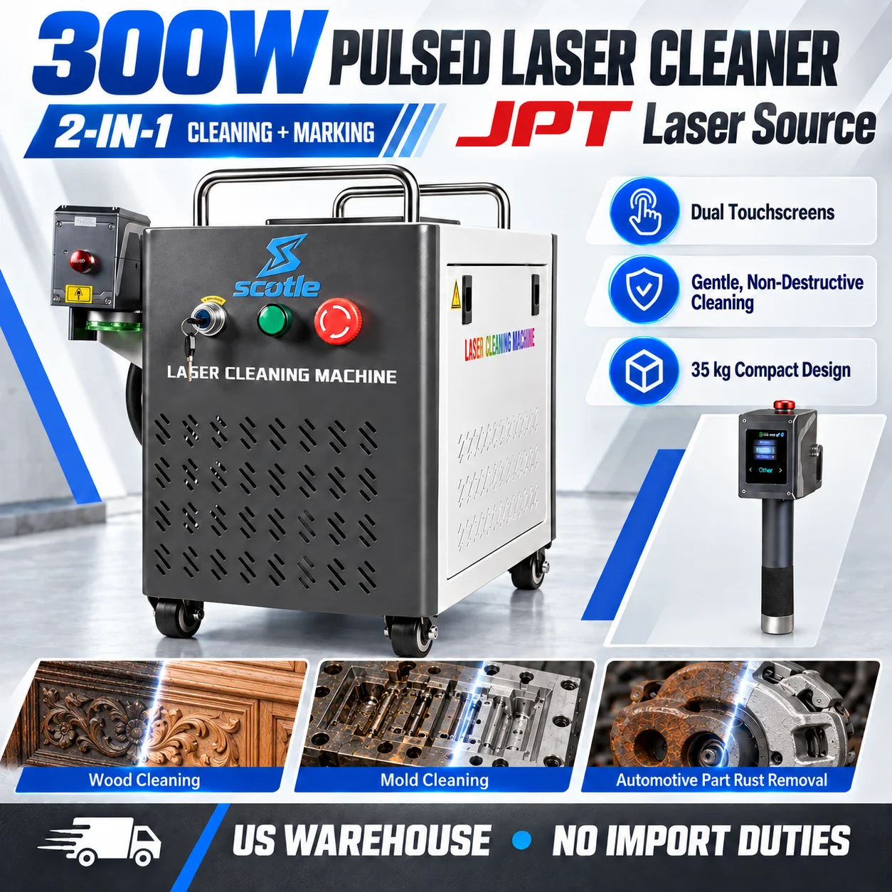 JPT 300W 2-IN-1 Pulsed Laser Cleaner & Marking Paint Oil Graffiti Removal for Metal Wood & Wall Surfaces | Non-Damaging EU Stock