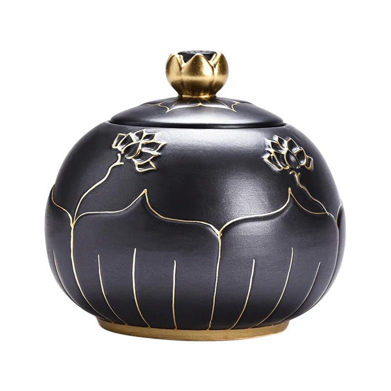 Creative Black Gold Plated Ceramic Sealed Tea Jar Irregular Gold Lotus Storage Jar Porcelain Storage Container Home Decoration