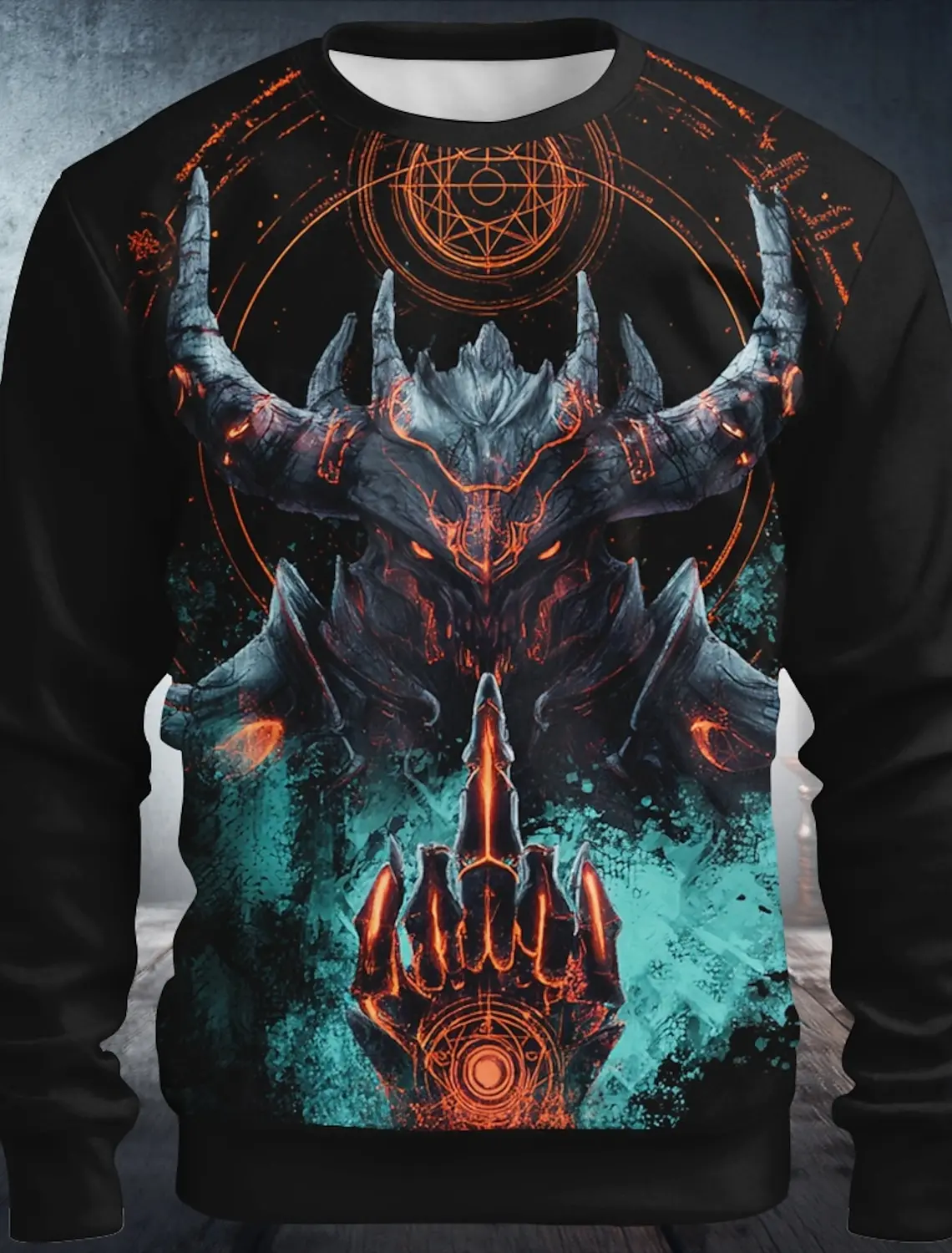 Men Dark Gothic 3D Print Crew Neck Sweatshirt Demon Reaper Horror Grin Graphic Long Sleeve Pullover Street Halloween Casual Top