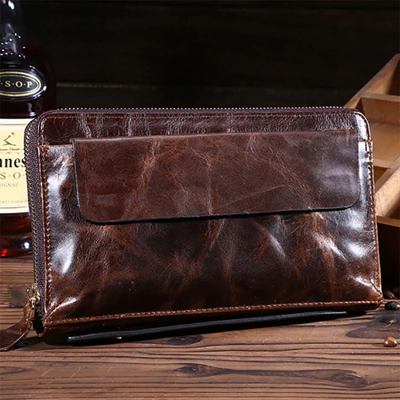 Oil Wax Cowhide Purse Wrist Handy Bags Vintage Card Holder Cell Phone Case Money Bag Genuine Leather Men Long Clutch Wallet