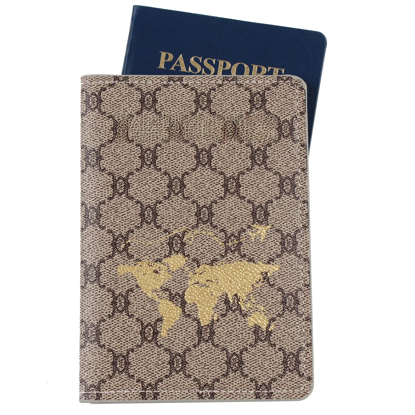 حامل جواز سفر من جلد البولي يوريثان، شعار قابل للاستبدال، خريطة ذهبية، غطاء جواز سفر، نمط حضري بسيط، قابل للتنفس، مقاوم للماء...
