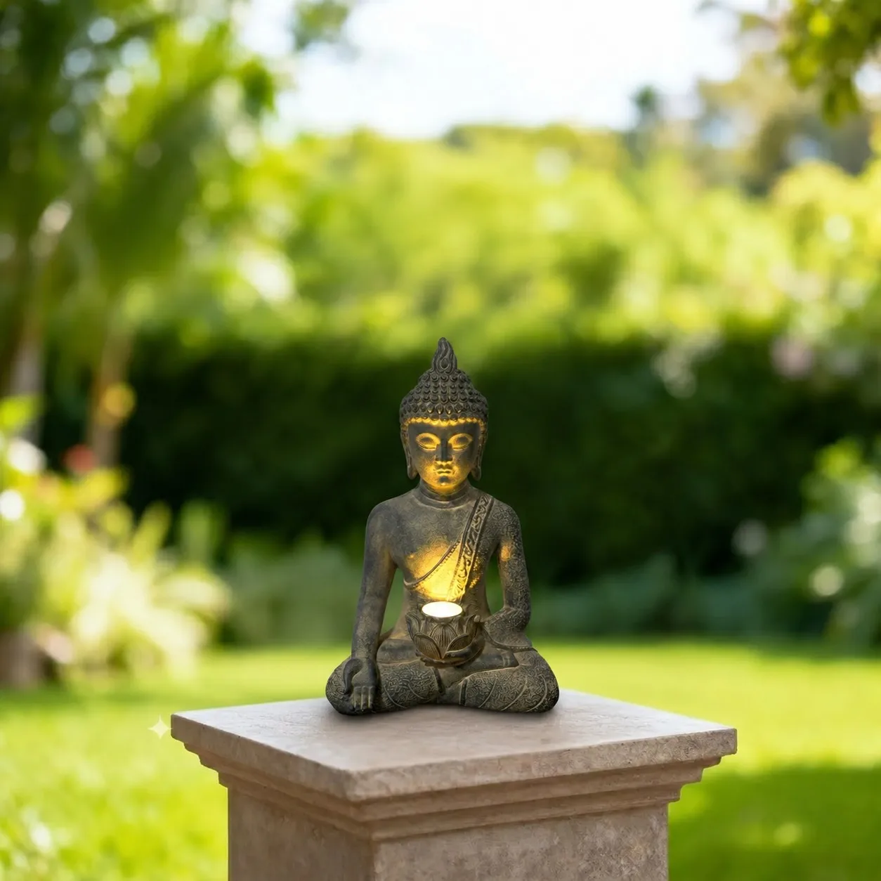 Solar Buddha Garden Statue LED Light Zen Outdoor Resin Lotus Flower Sculpture Meditating Yard Balcony Landscape Decoration