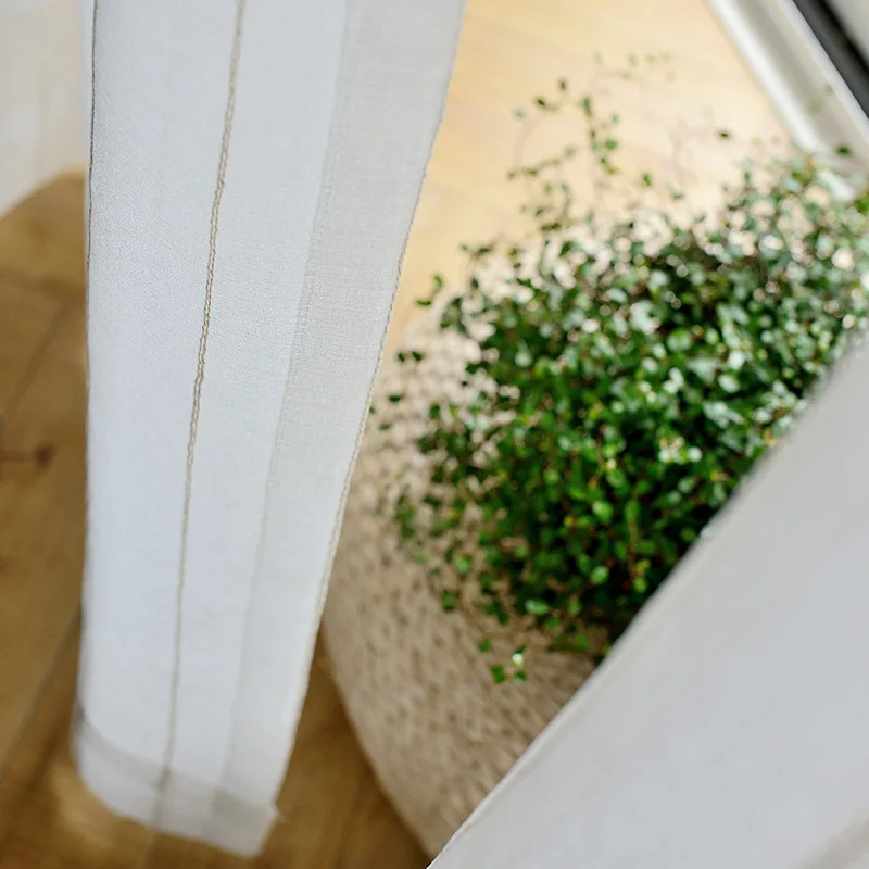 Nordic white Japanese linen cotton curtain tulle for bedroom living room striped gauze finished floating curtain balcony window