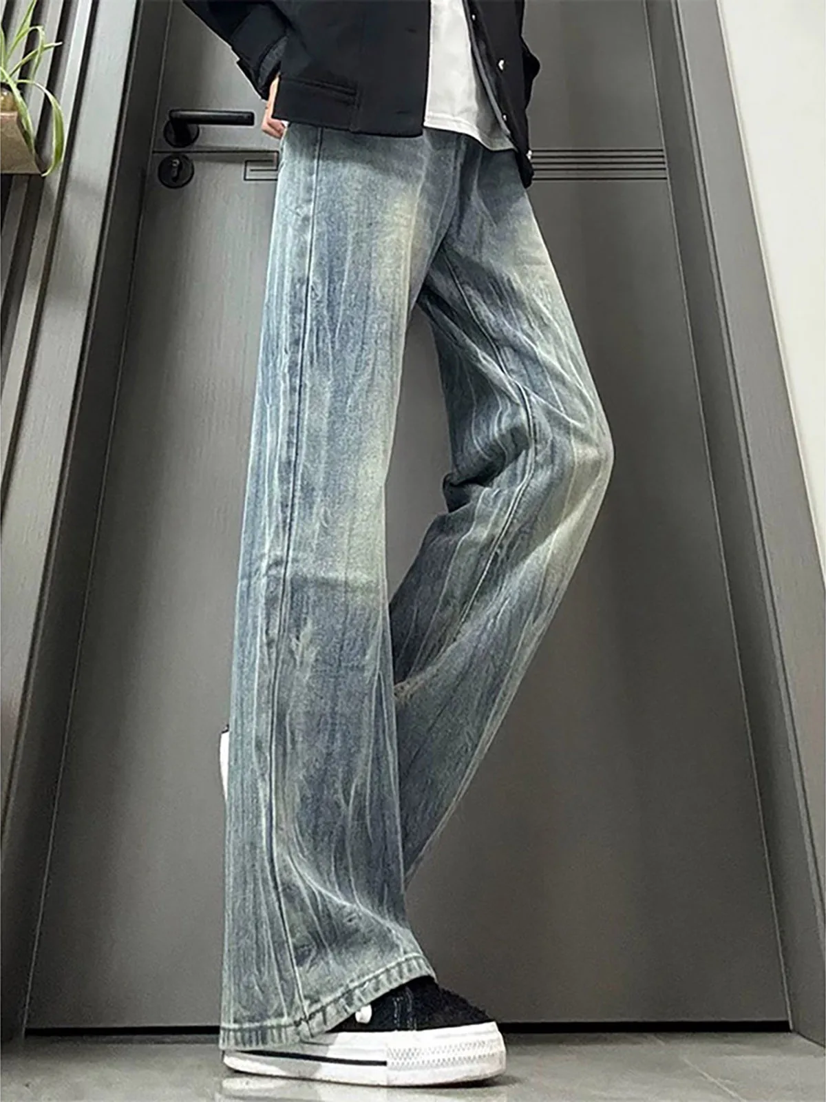 Retro Blue Lightning Pattern Flared Straight Leg Men's Jeans Youthful Trendy Brandless Mid-Waist Denim Pants for Teens