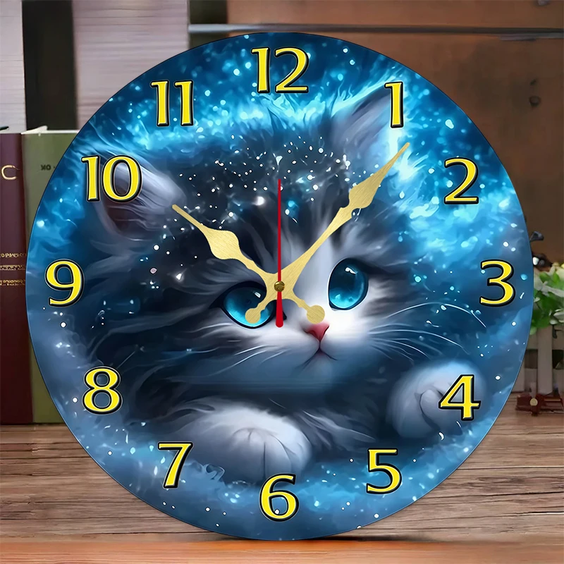 Enchanting Cat Wooden Round Silent Hanging Wall Clock, Suitable for Living Room, Office, Study Room, Bedroom, Home Decoration