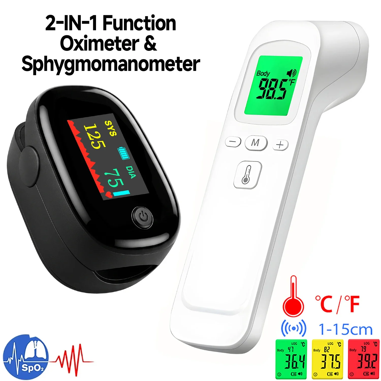 Body IR Thermometer Non-contact Fever Measuring Thermometer OR 2IN1 Oximeter + Sphygmomanometer Finger Pulse Meter Personal Tool