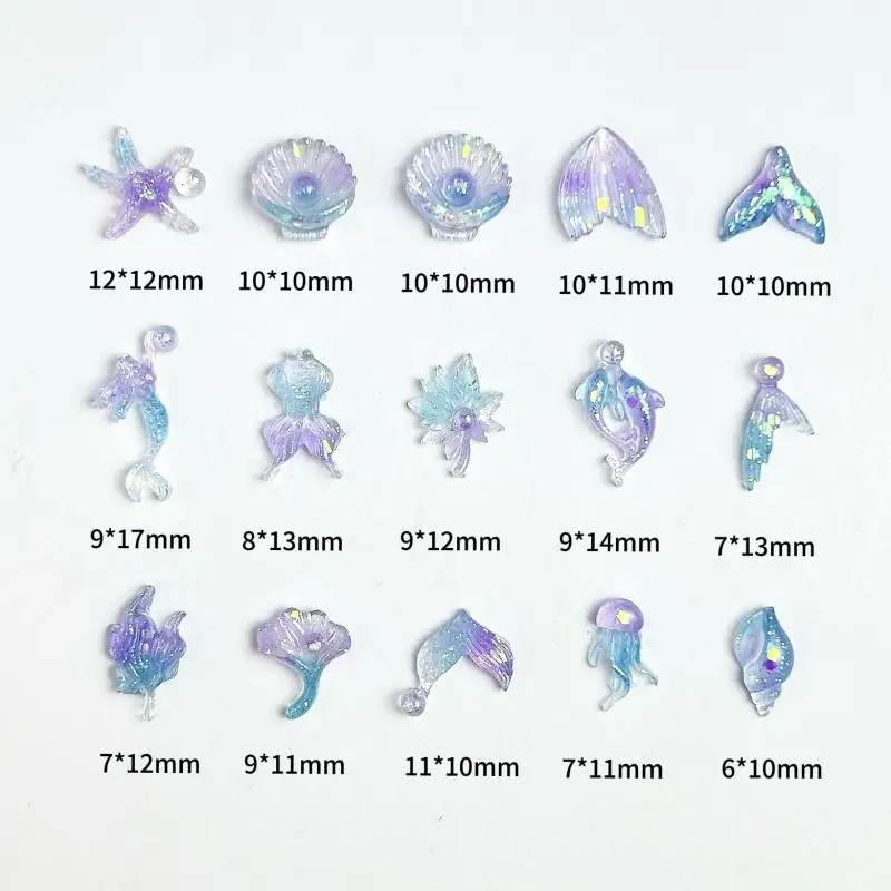 

Dreamy Ocean Blue Fishtail Shell Nail Charms Luminous Gradient Colors Conch Jellyfish Marine Biological Nail Art Decoration DIY