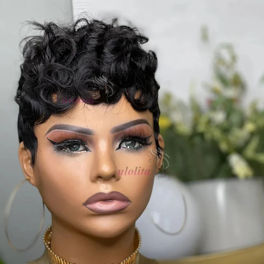 Lockige, kurze Pixie-Cut-Perücken für Frauen aus Echthaar in Schokoladenbraun # 4 farbige, vollständig maschinell gefertigte Perücken, Bob-Perücke, peruanische Haarperücken – Detail 7