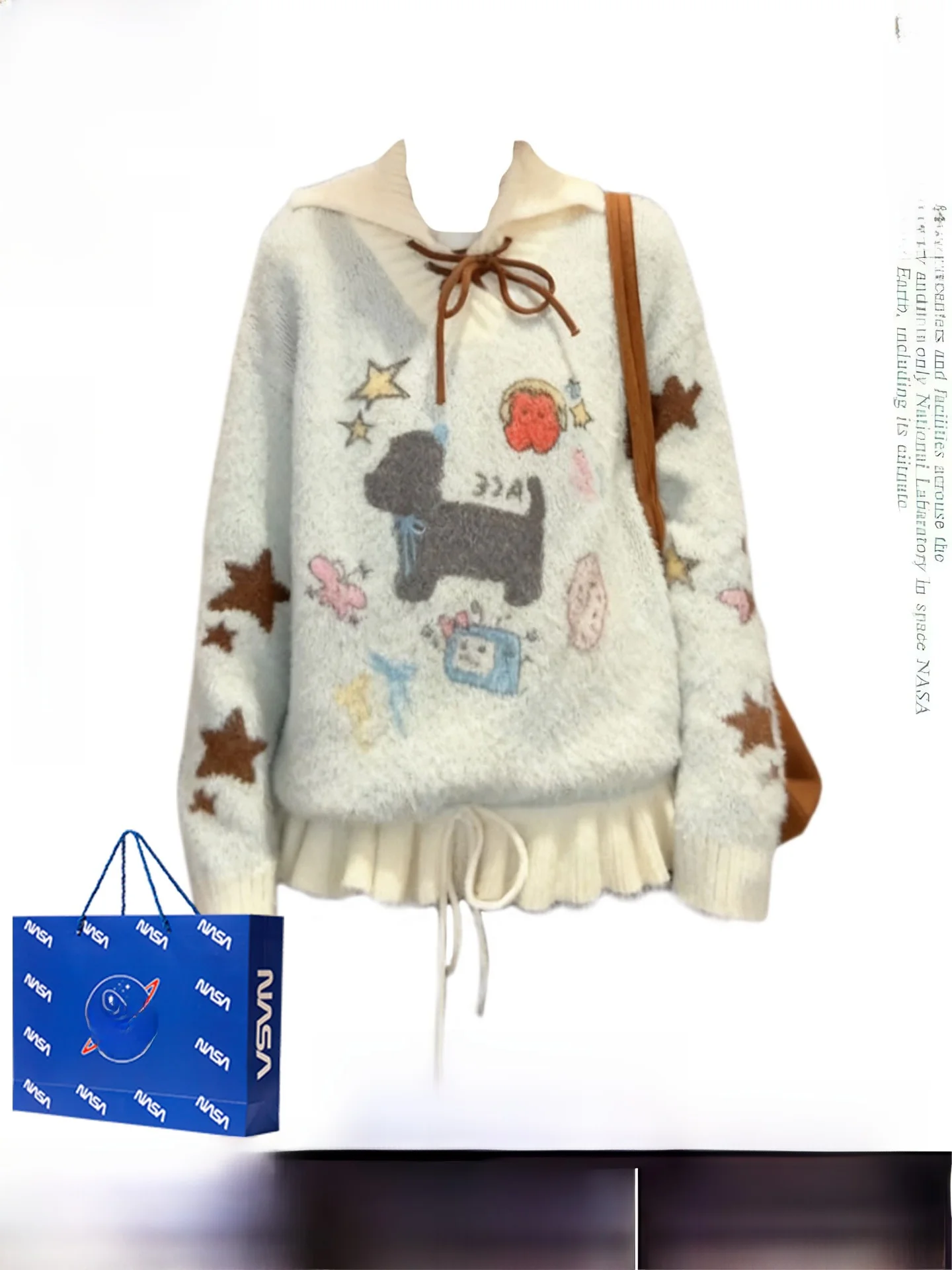 

American Sle Sweet Cartoon Dog Embroidery Knitted Sweater Women's Loose Long Sve Autumn Winter New Lazy Top