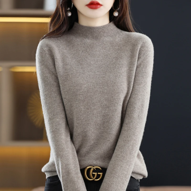 100% merino wool cashmere sweater women\'s sweater semi-high-necked long-sleeved pullover warm pullover in autumn and winter