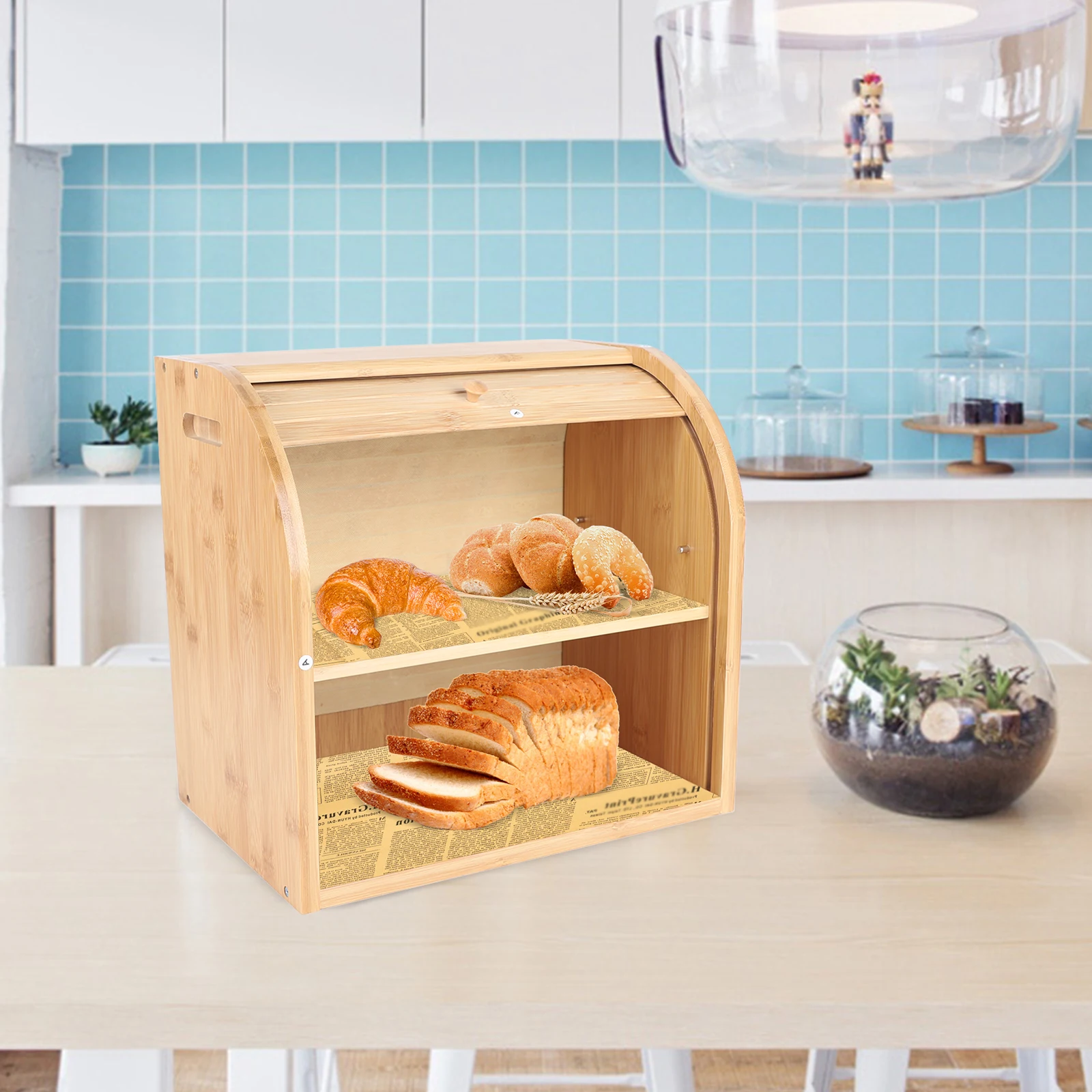 Wooden Bread Box Multi Use Bamboo Bread Storage Container Countertop Wooden Bread Food Organizer Dispenser Holder For Kitchen