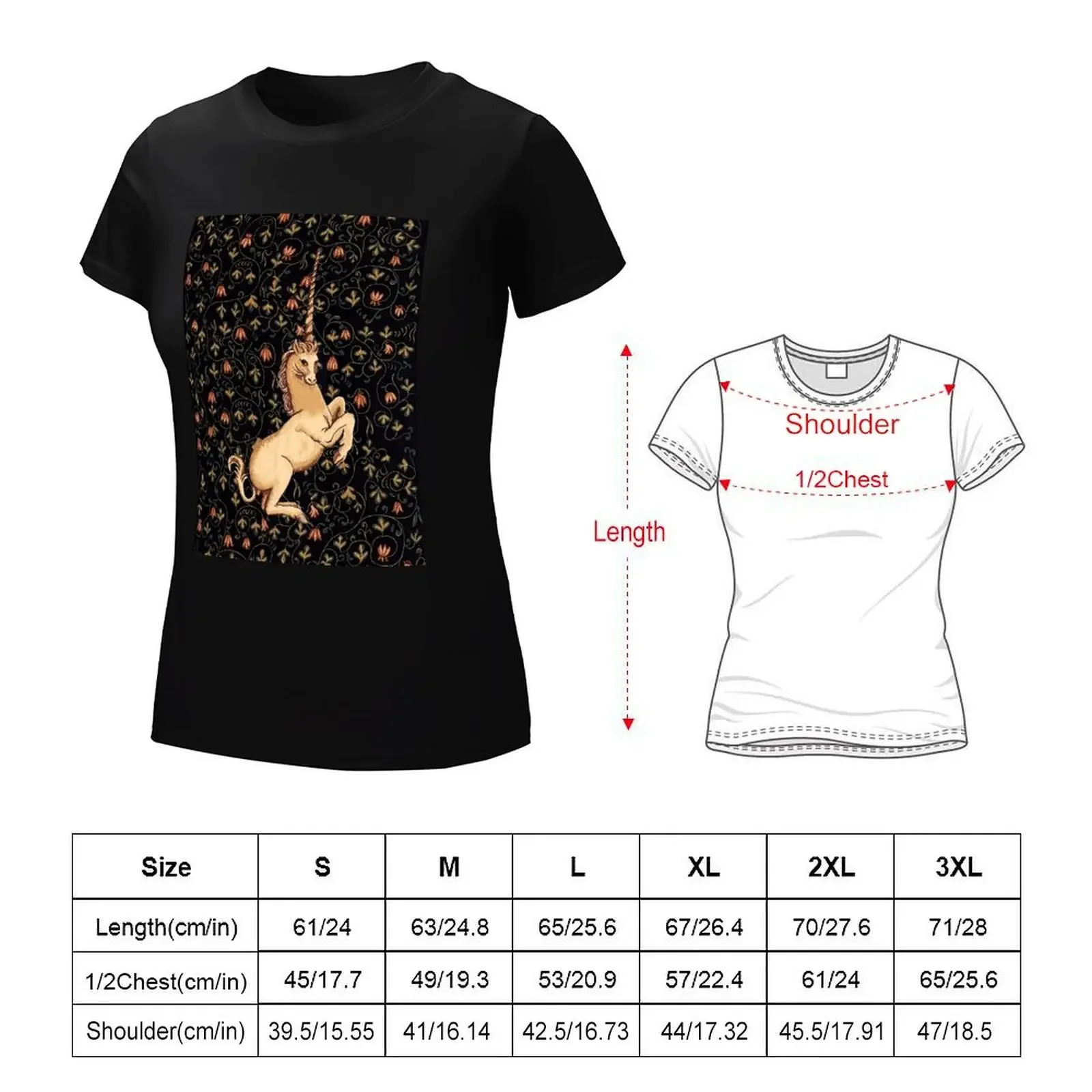 Medieval Unicorn Midnight Floral Tapestry T-Shirt tops summer tops workout shirts for Women