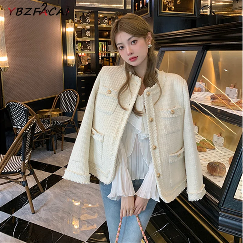

Small Fragrant Jacket Women White Cotton Tweed Jacket Fall Winter Korea Loose Cropped Top Women Long-sleeved Black Tweed Jacket