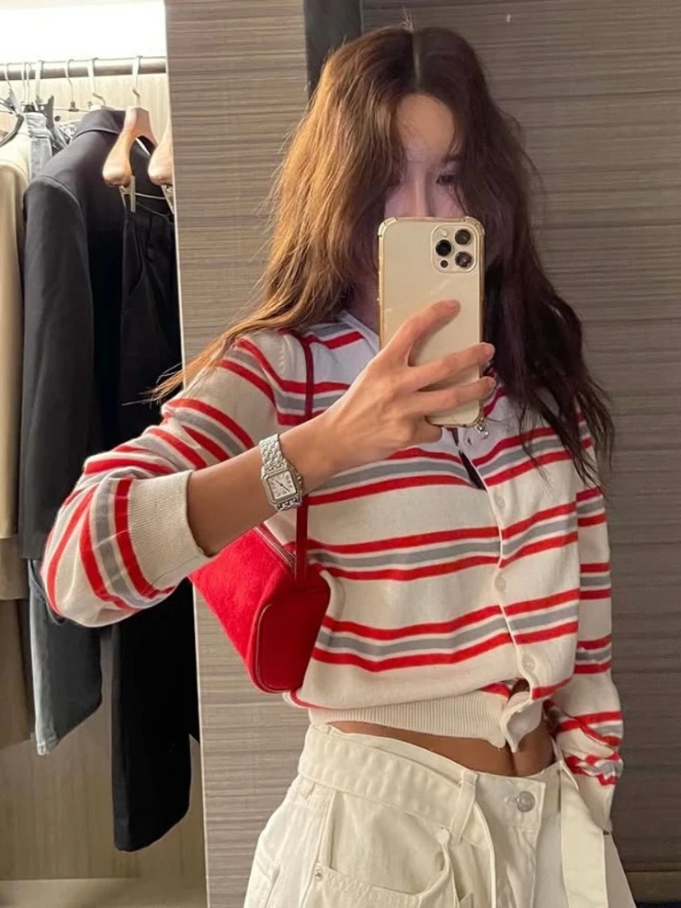 Vintage Knitted Contrast Color Striped Cardigans Streetwear Autumn Slim Fit Casual Sweater 2026 Y2k Aesthetic Button Women Tops