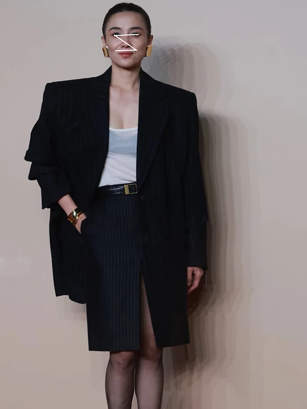 

Slimming Striped Print Wide Shoulder Double Breasted Midi Suit Jacket And Split Skirt Set Fashionable Business Women's O...