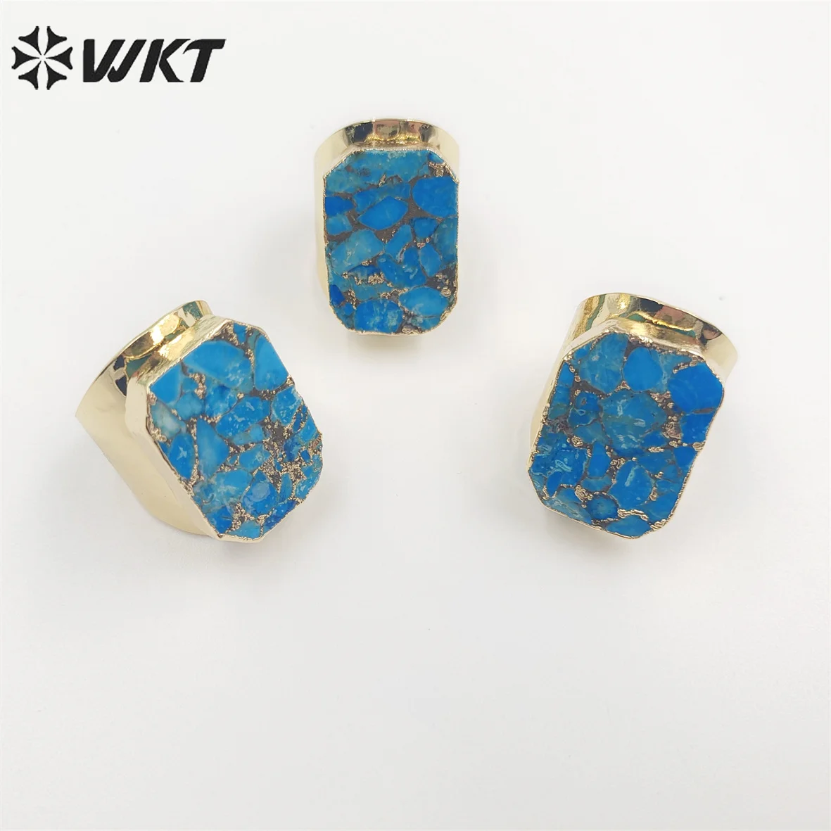 WT-R421 WKT Fashion 18K Real Gold Plated Resist Tarnishable Copper Turquoise Ring For Party Unique Cigar Coctail Stone ACC