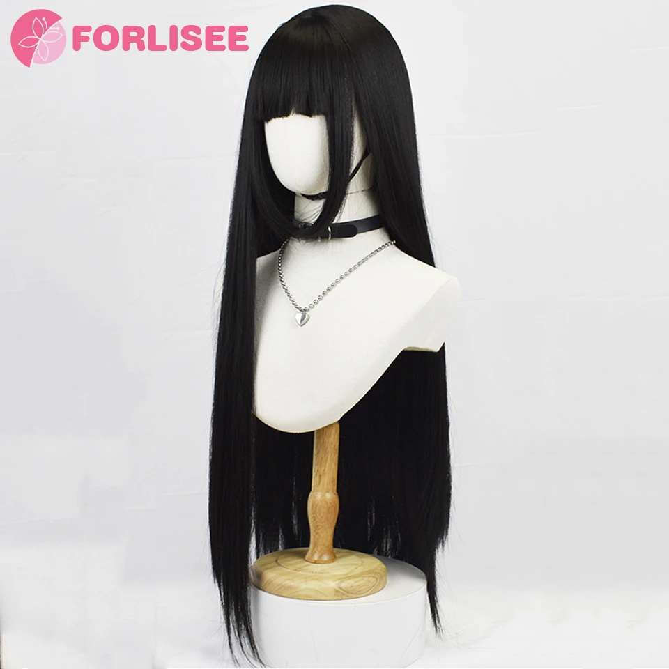 FORLISEE Synthetic Lolita Princess Cut Hairstyle Natural Black Extra Long Straight Wig For Women Daily Party Use 35 Inch