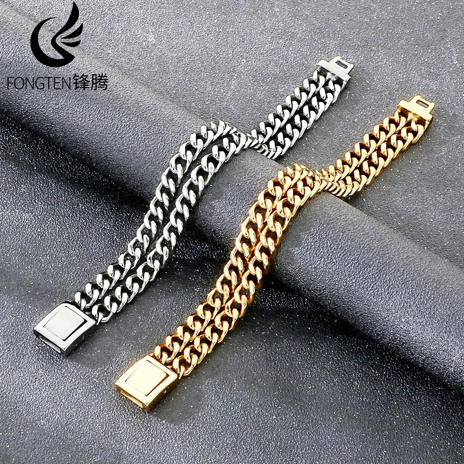Fongten Creative Three Row Cuban Chain Stainless Steel Bracelet For Men Street Trendy Hip Hop Bracelet Fashion Jewelry Birthday