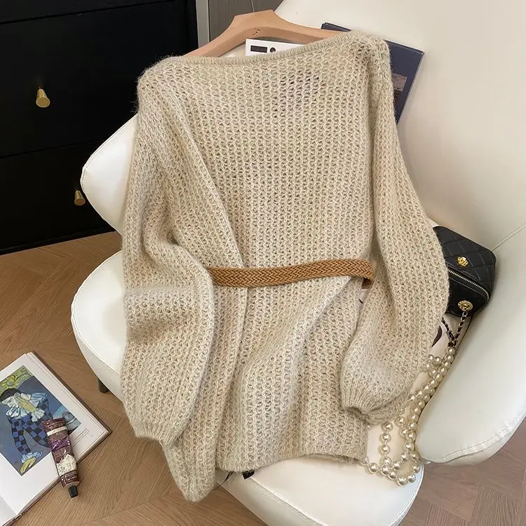 Elegant Loose Knitted Sweater with Belt Hollow out Shoulder High Quality Slimming Top for Women Polyester Fiber 2026 Autumn C...