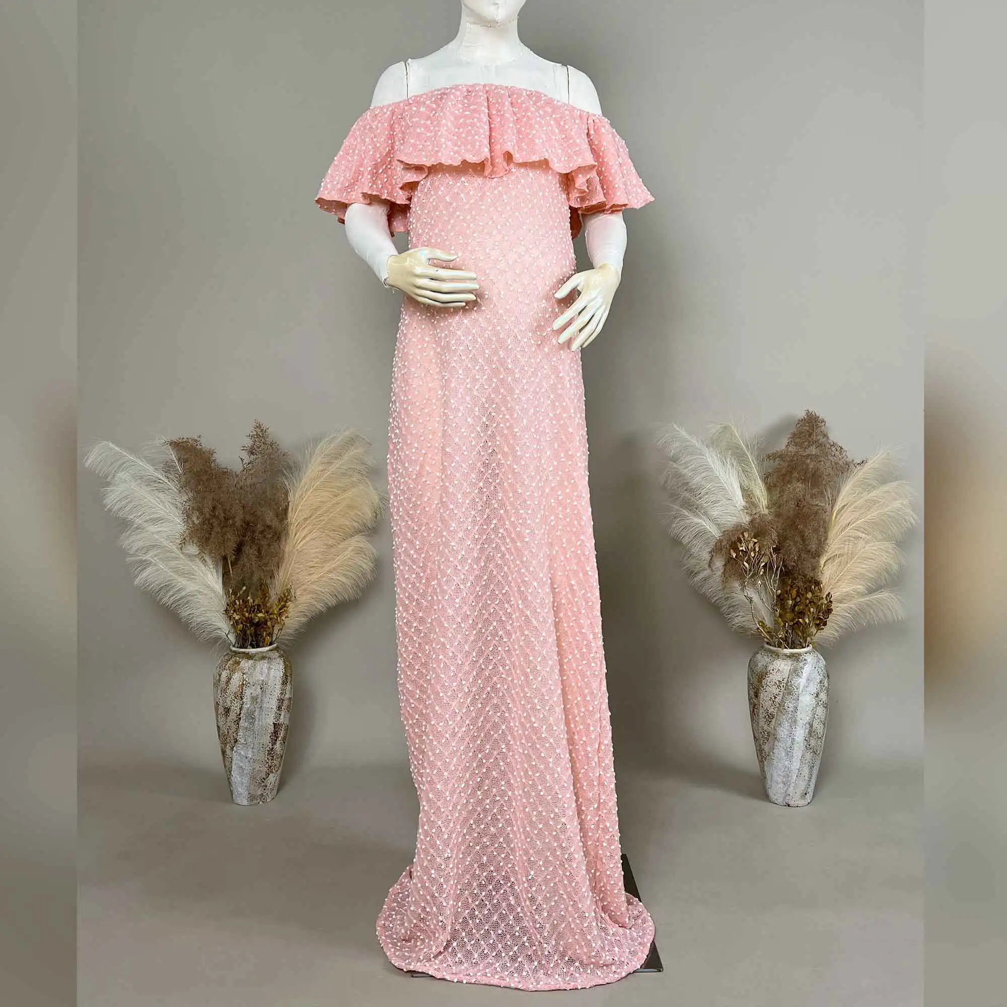 

Don&Judy Casual Summer Sundress Polka Dot Off Shoulder Dress with Ruffled Hem Maternity Dress Photography Pregant Photo Session