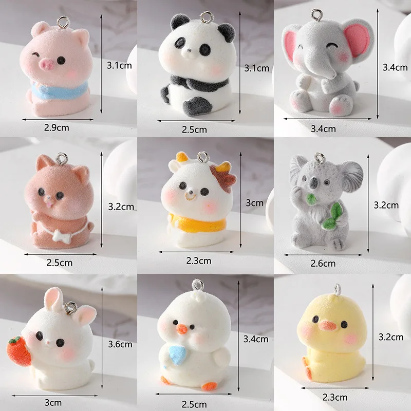 30Pcs Fluffy Flocking Animals Resin Charms Wholesale 3D Cute Pig Duck Rabbit Koala Panda Pendants for DIY Jewelry Making