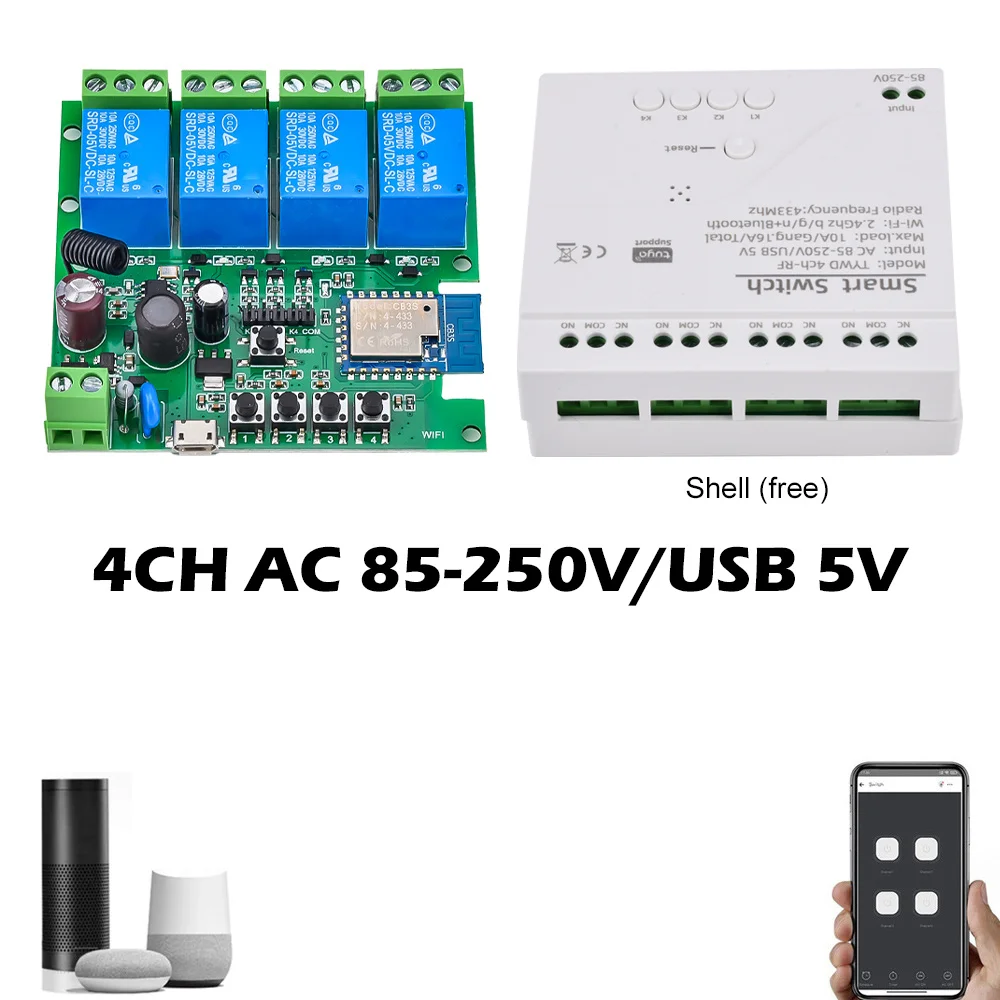 4 Channel 433MHz WiFi Relay Switch Module Smart Control Relay Module AC 85V~250V/Micro USB 5V Compatible with Alexa Goolge Home