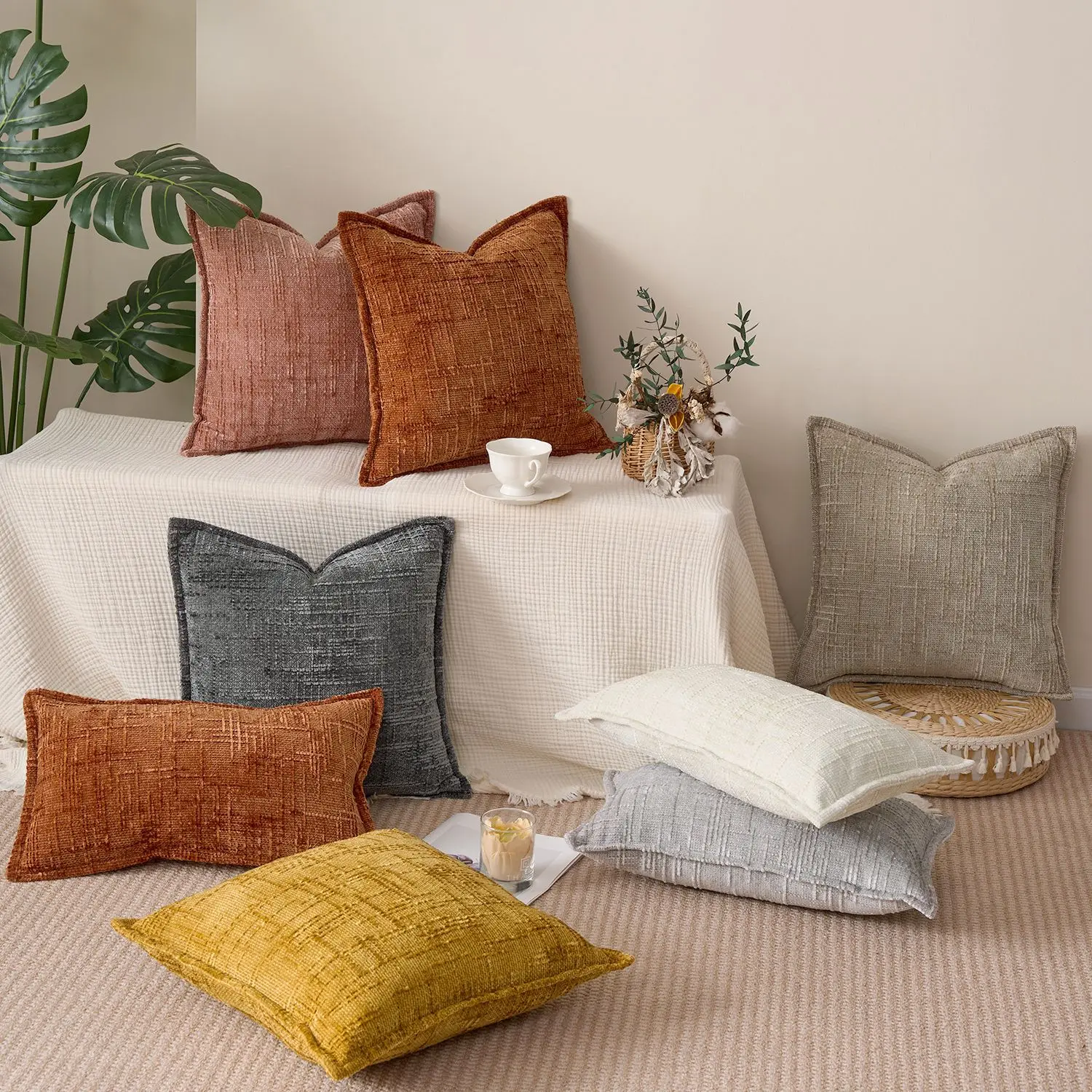 Simple Comfortable Pillow Cover Chenille Bamboo Joint Yarn Edge-Pressed Sofa Throw Pillowcase Pure Color Headboard Cushion Cover