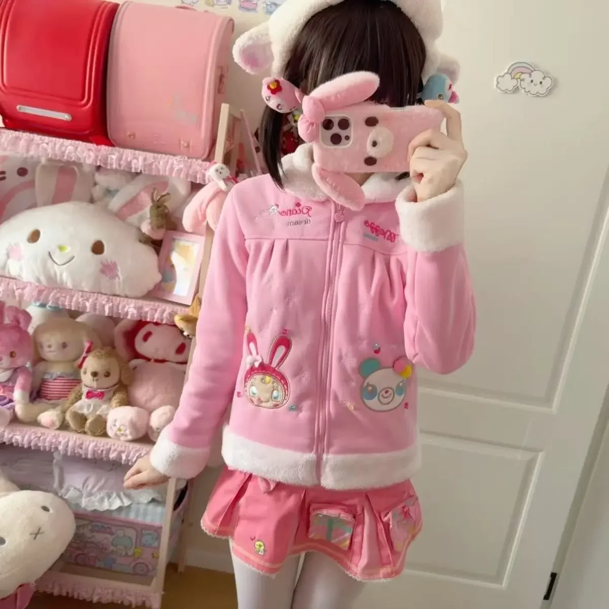 Winter New Sweet Girl Pink All Match Thicken Coat Japanese Cute Cartoon Mp Embroidery Jojifuku Long-sleeved Zipper Parkas