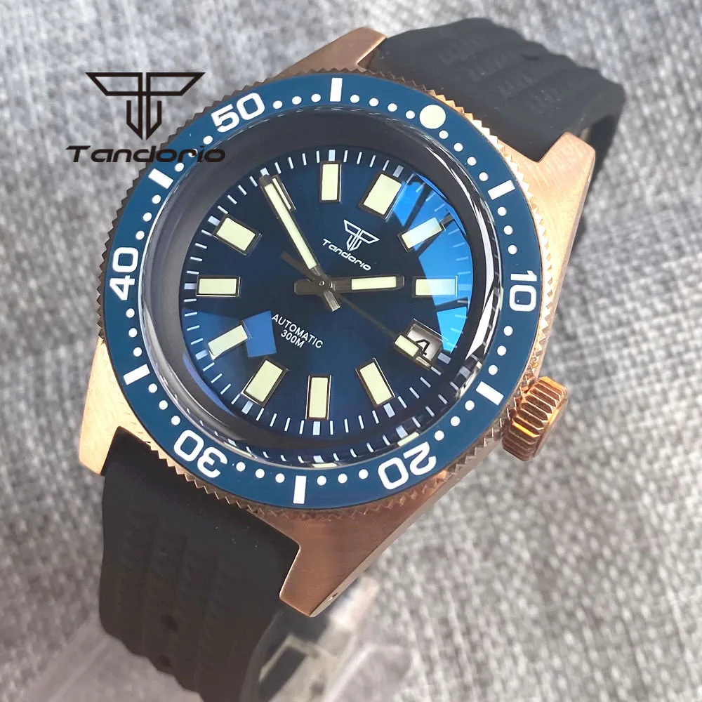 Tandorio 62 MAS CUSN8 reloj automático para hombre, bronce sólido, 41mm, PT5000, NH35A, 30Bar, gris/negro/azul, correa de goma de cristal de zafiro AR