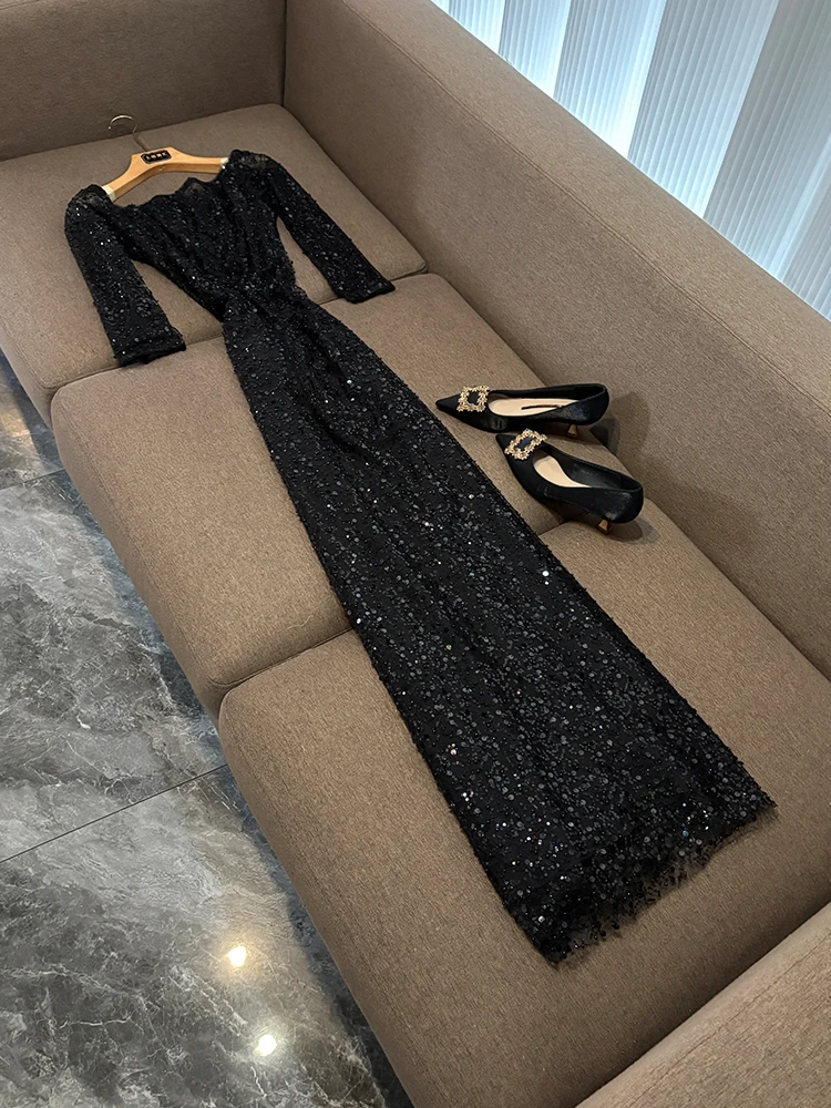 Robe de soirée longue, asymétrique épaule dénudée, broderie lourde, jupe en filet à paillettes, taille moyenne, t-shirt Sve régulier en Fiber d'acétate, nouvelle collection 2025