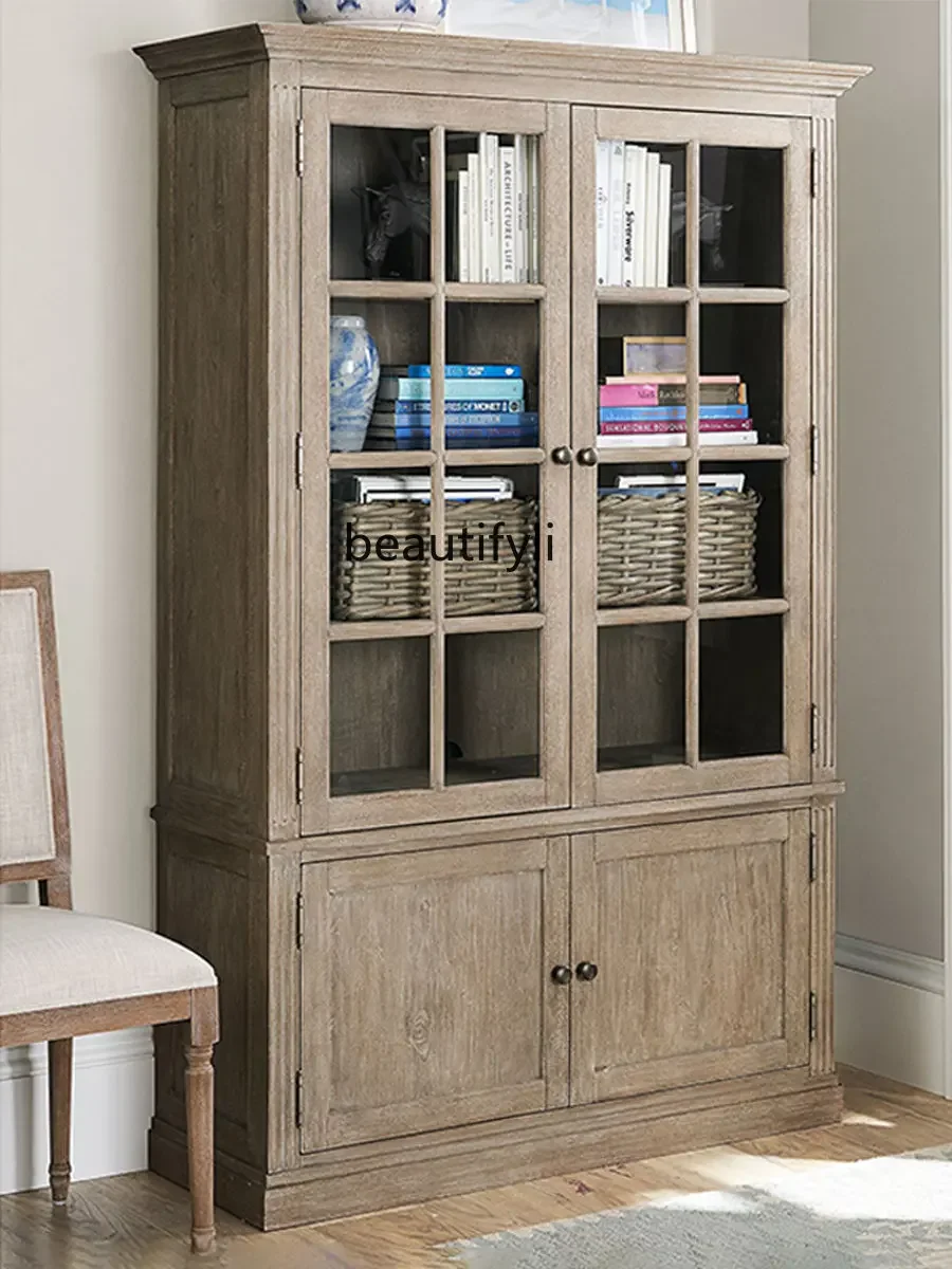 

ss7486 American-Style Solid Wood Bookcase Display Cabinet Study Glass Bookcase Home with Door Multi-Layer Storage Cabinet
