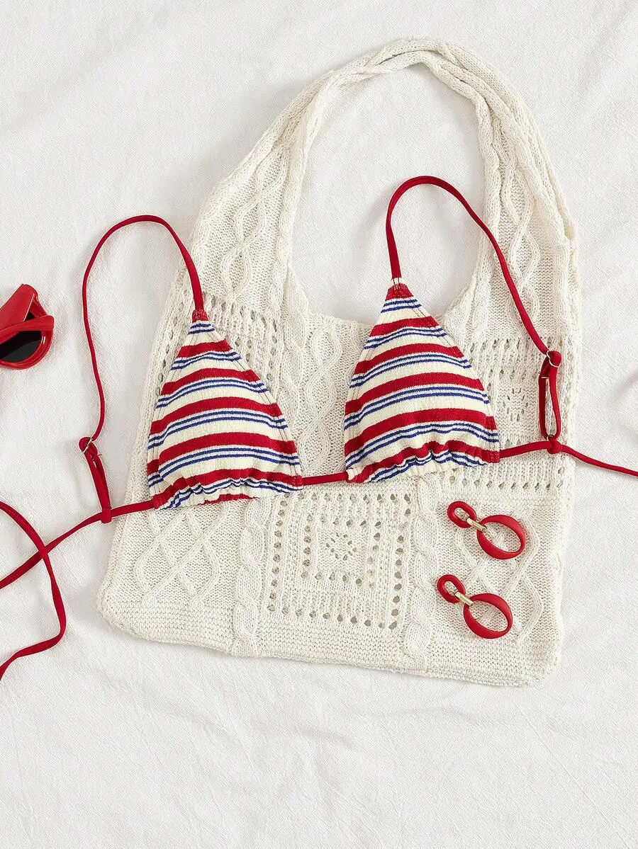 

Womens Striped Triangle Bikini Top With Red Strings And Crochet Bag Set