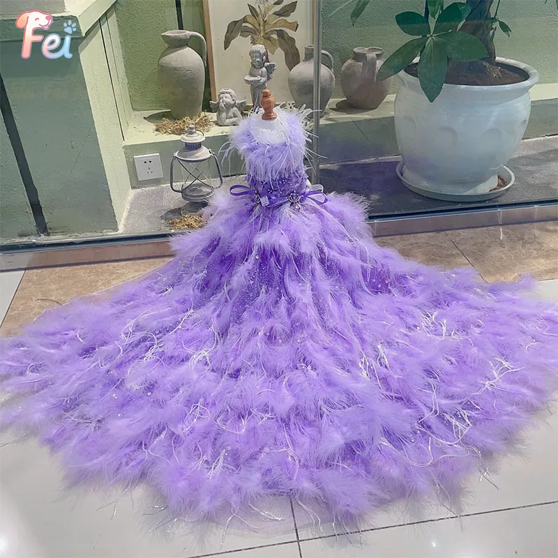Elegant Violet Feather Sequin Dog Dress Luxury Trailing Gown for Small Dogs Perfect Special Occasions Halloween