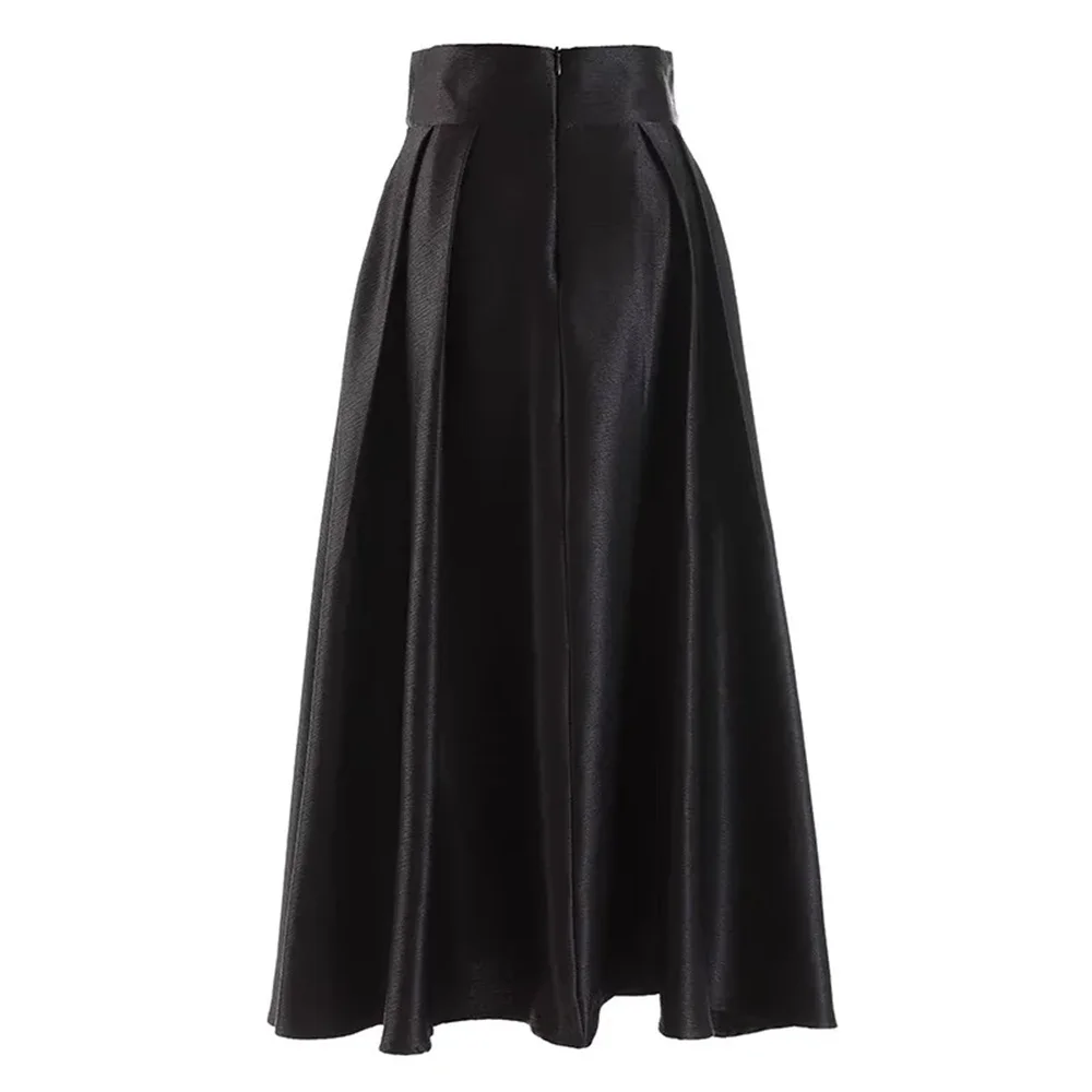 Vintage Französischer Dunkelgrüner Satin-Maxirock für Damen – Hochtaillierter, Gürtelbesetzter Schlagrock – Modische Party-, Hochzeits- und Abendröcke 2026 – Detail 4