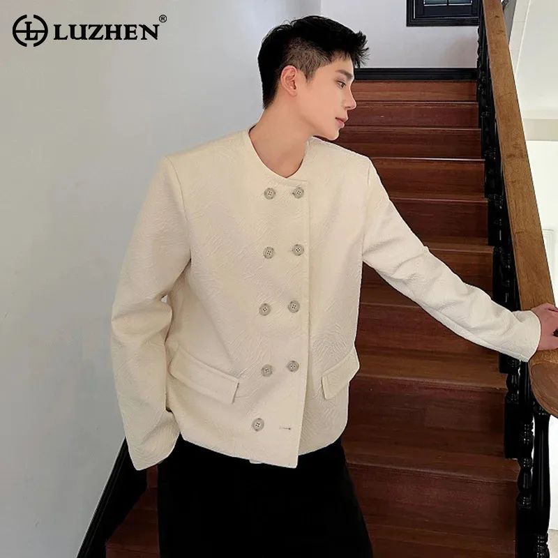 LUZHEN Personality Pleated Texture Pattern Double Breasted Jackets Men's Casual Elegant Simplicity Men's Collarless Coats LZ6561