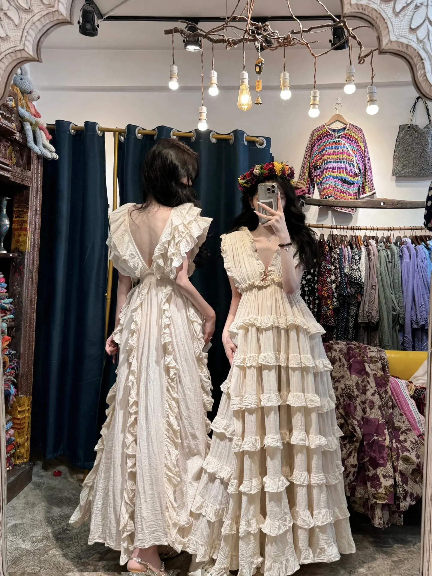 Vestido estilo boêmio em camadas com decote em v, vestido f verão primavera outono viagem vento borda de madeira sinos...