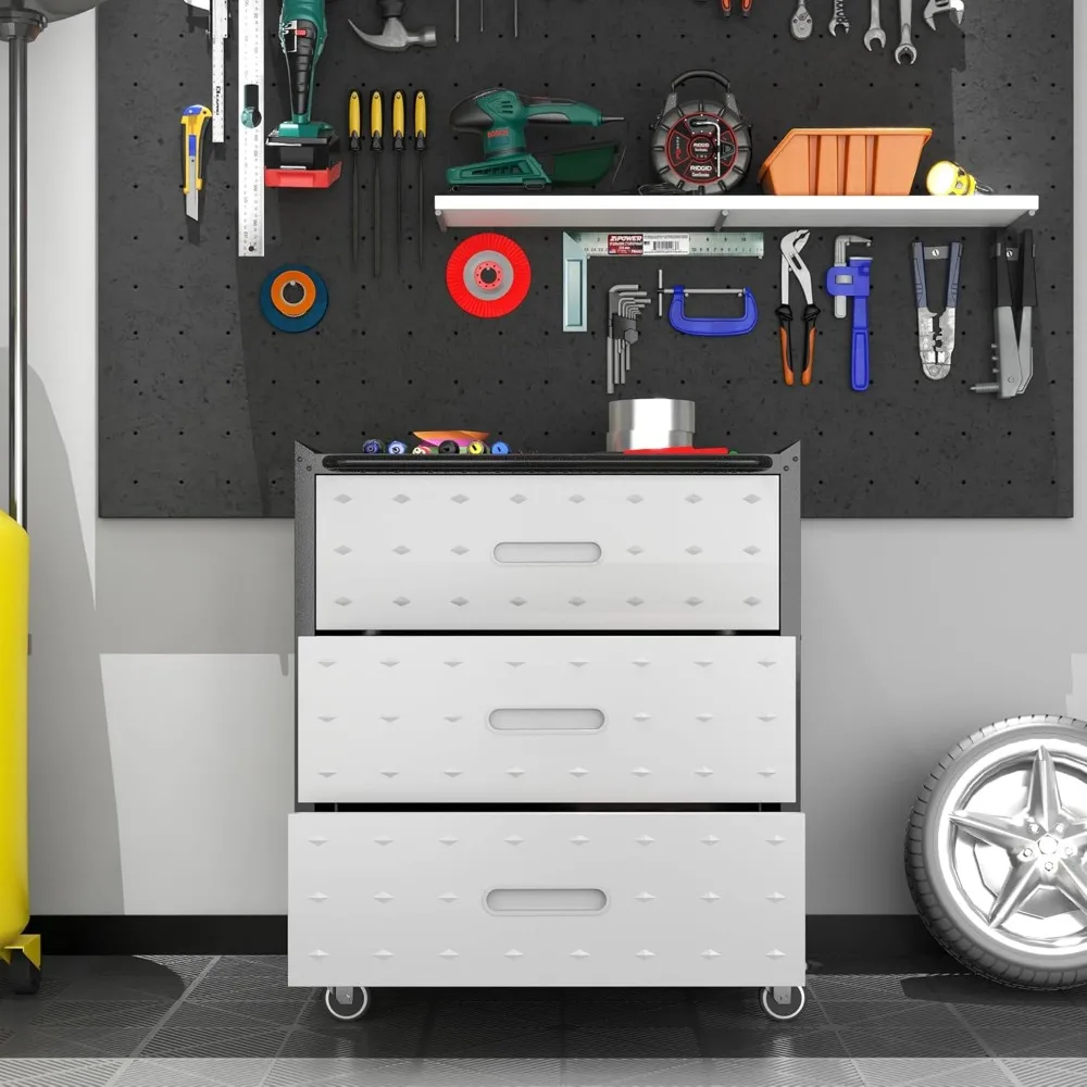 خزانة أدوات فولاذية متنقلة شديدة التحمل وقابلة للقفل مع 3 أدراج لتخزين وتنظيم المرآب