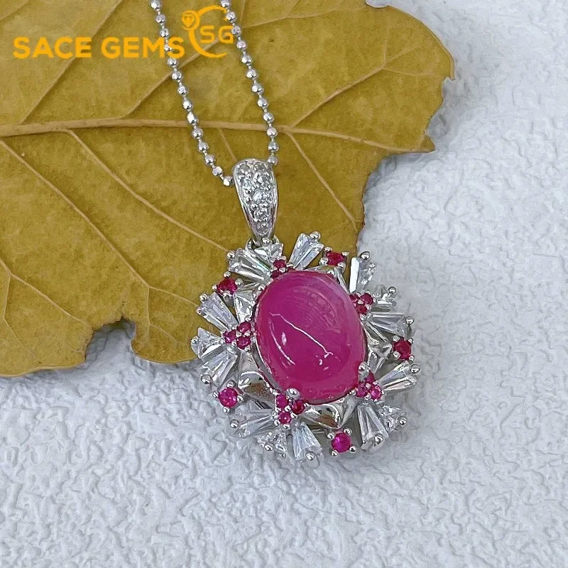 

SACEGEMS Luxury 100% 925 Sterling Silver 8*10MM Natual Ruby Pendant Necklaces for Womne Wedding Party Birthday Fine Jewelry Gift